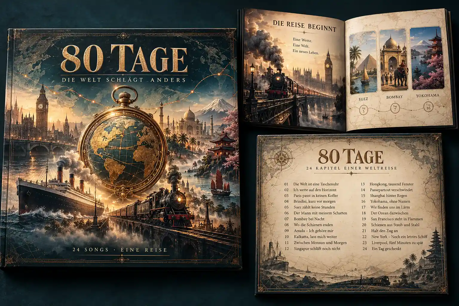 Gestaltungsentwurf mit Albumcover, bebildertem Booklet und Liste der 24 Titel